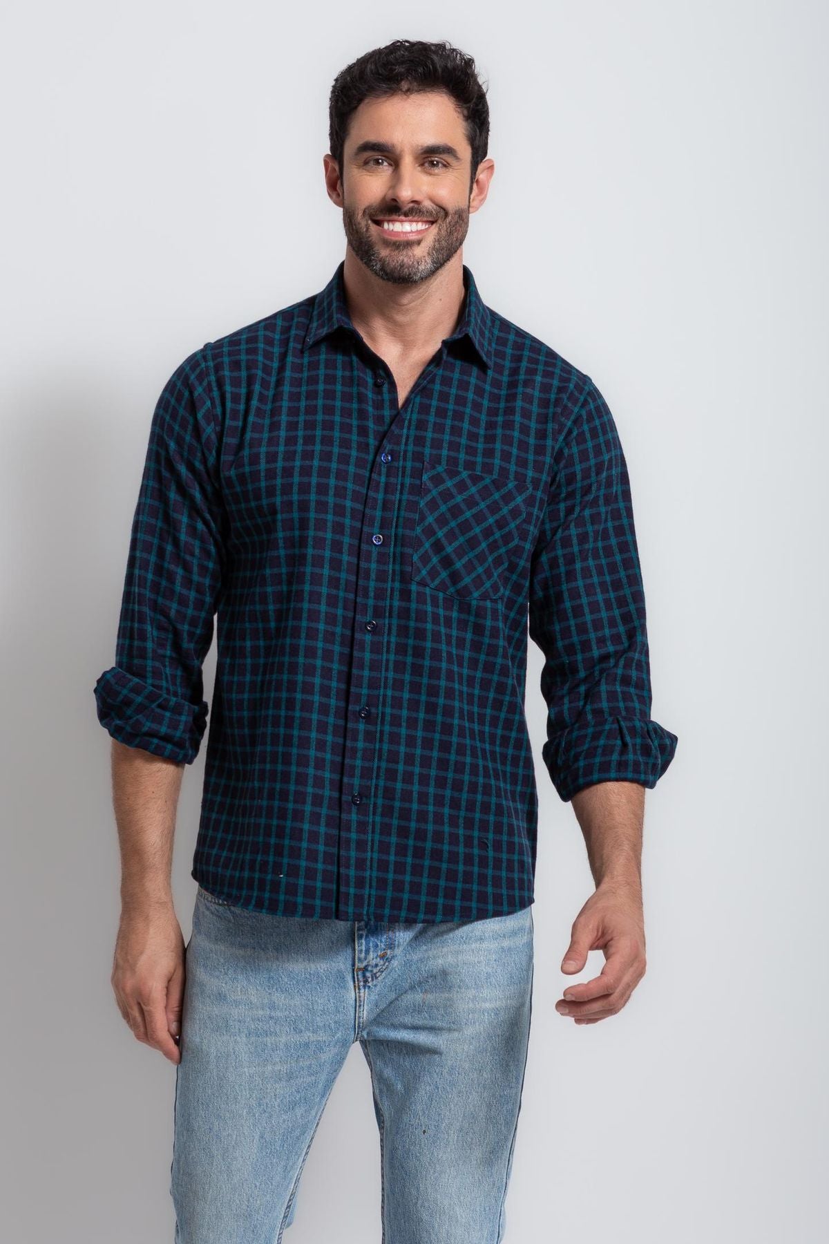 Camisa Masculina Xadrez em Algodão Mr.Valentim Azul Escuro