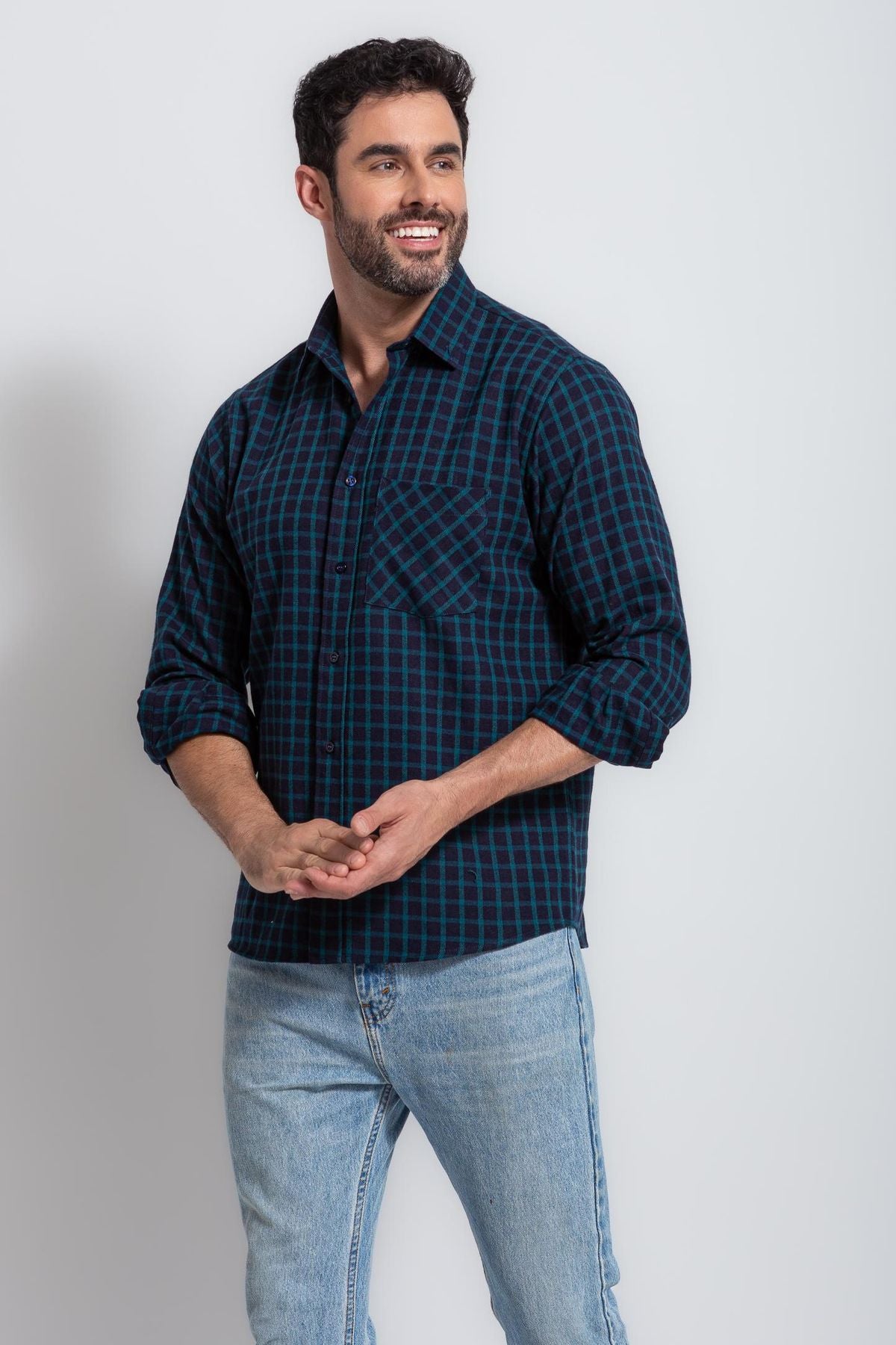 Camisa Masculina Xadrez em Algodão Mr.Valentim Azul Escuro