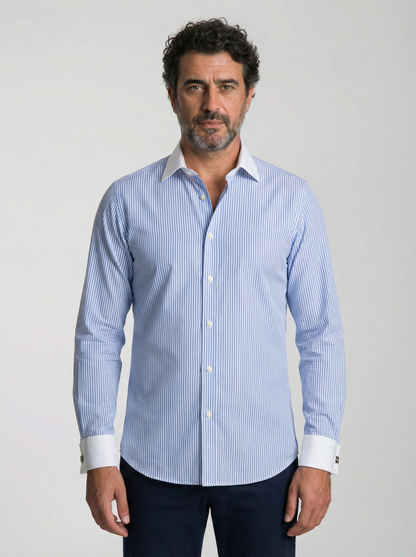 Camisa Masculina Oxford Listras Azul Mr.Valentim